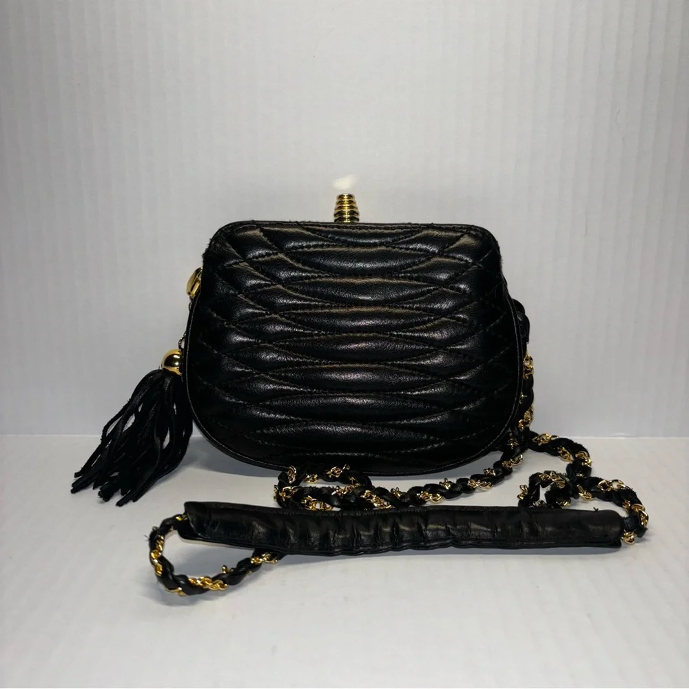Black Quilted Leather Crossbody Bag with Gold Chain